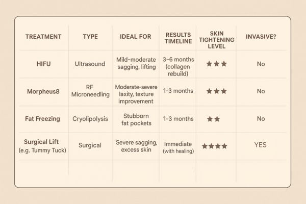 Table showing the comparisons of Skin tightening Newark-on-Trent treatment options.